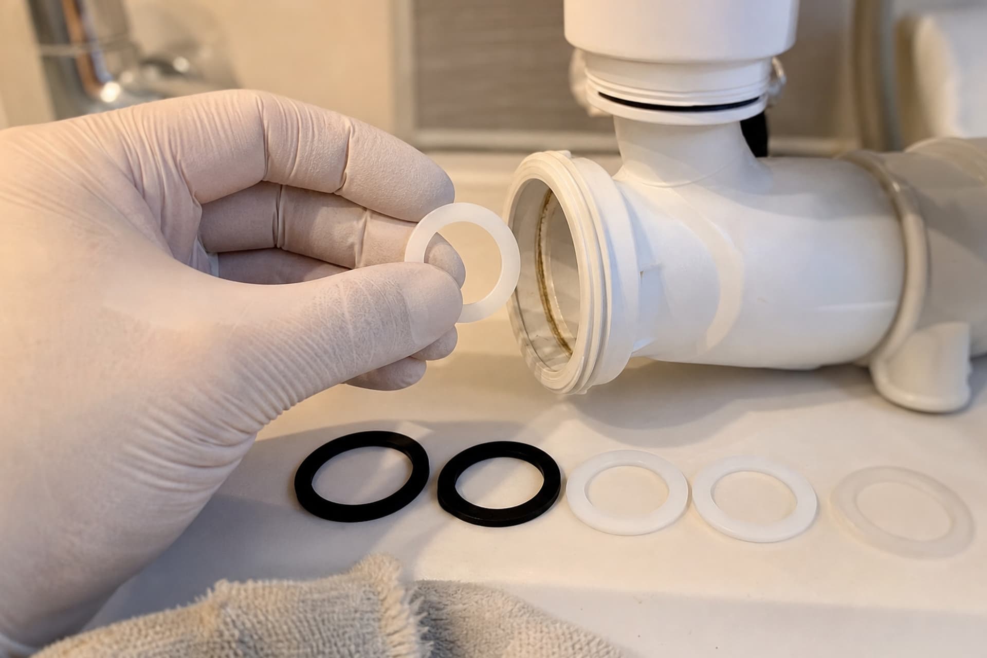 mains tiennent rondelle près siphon démonté et joints
